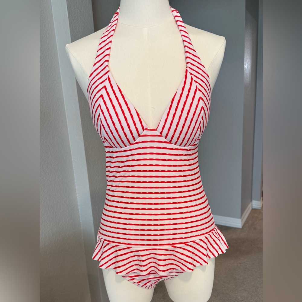 NWOT Red and White Striped One Piece Ruffle Skirt Vintage Style Swimsuit